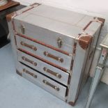 CHEST OF DRAWERS, Aviation style with lift up lid and three drawers below, aluminium clad,
