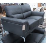 SOFA, two seater, black leather with faux leather backing, 164cm W x 88cm H x 88cm D.