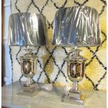 TABLE LAMPS, a pair, of chrome effect with a grey shade, 77cm H.