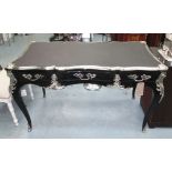 BUREAU PLAT, Louis XV style black lacquer with chrome metal mounts, leather top and three drawers,
