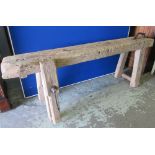 WORK BENCH, rectangular vintage seasonal oak with square supports, 188cm W x 73cm H.