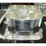 WINE COOLER, for four bottles, in silver plate, engraved 'Chenas', 28cm x 28cm x 17cm H.