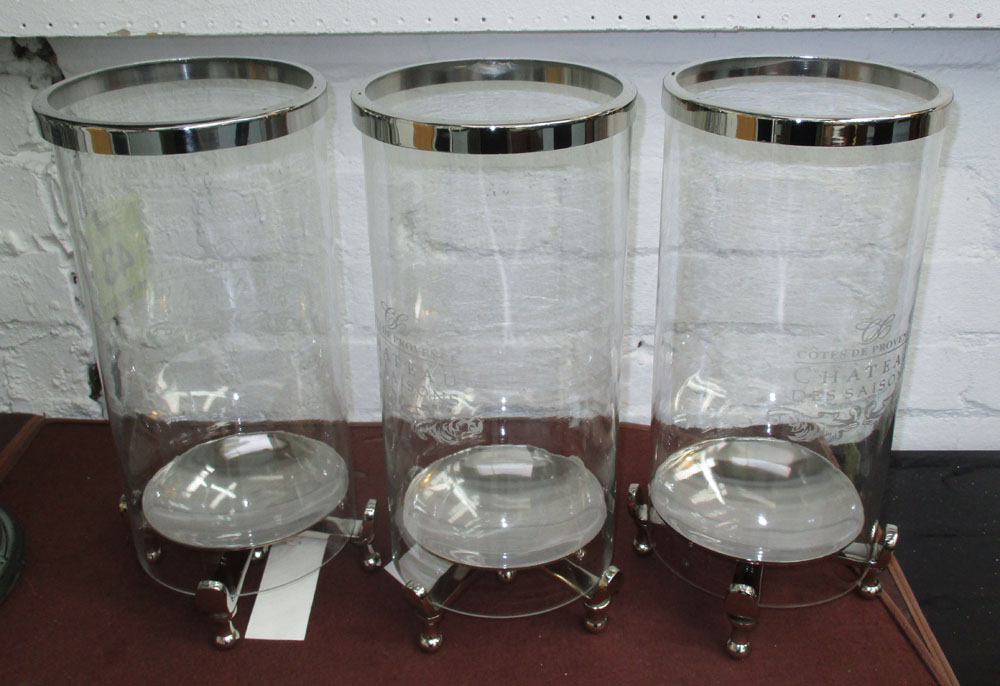 TABLE CANDLE LANTERNS, a set of three, plated metal bases circular glass tops, Chateau Provence,