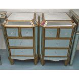 BEDSIDE CHESTS, a pair, Venetian style mirrored with gilt and canted edges, with four drawers,