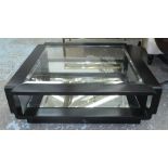 LOW TABLE, black frame with glass top and mirrored undertier, 100cm W x 100cm D x 34cm H.