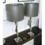 TABLE LAMPS, a pair, in chromed metal with metal shades, 66cm H.