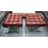 FOOTSTOOLS, a pair, Mies Van der Rohe style buttoned tan leather and X chrome supports,