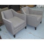 TUB CHAIRS, a pair, button back, in herringbone fabric with chrome studs, 63cm W.