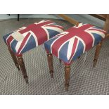 FOOTSTOOLS, a pair, with Union flag seats on turned fluted supports, 50cm x 26cm x 47cm H.