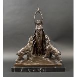 ART DECO STYLE BRONZE, woman in cloak holding a star, flanked by two bears, marble base, 42cm H.