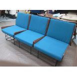 SOFA, Italian, with three individual seats, bentwood with blue upholstery on black metal supports,