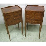 TABLES DE NUIT, a pair, Louis XV style tulipwood and line inlaid of three drawers each,