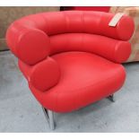 BIBENDUM STYLE ARMCHAIR, in a cadmium red leather, on an arched chromed base,