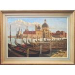VIVIAN BEWICK (British, b.1900) 'Gondolas in Venice' oil on canvas, signed lower right, 50cm x 76.