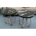 PORTA ROMANA LAMP TABLES, a pair, dark oak with circular glass tops on beaten steel supports,