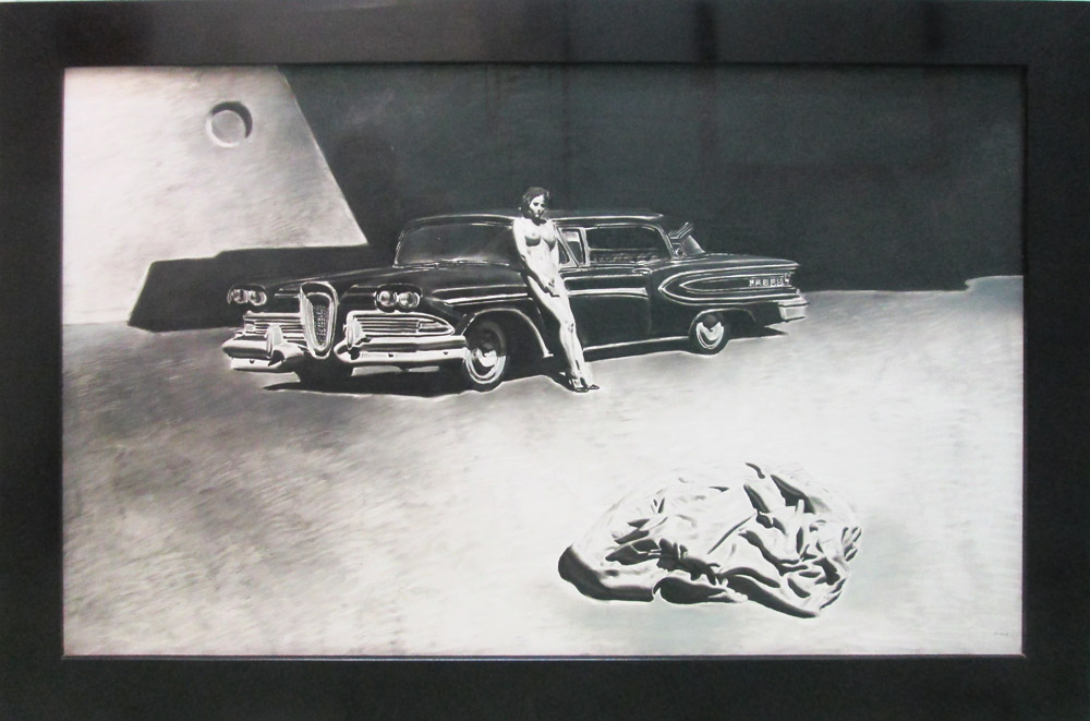 SAM KAPRIELOV/SAM STURIS (b.1971), 'Girl and Cadillac', charcoal on gesso, 73cm x 119cm.