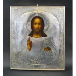 RUSSIAN ICON, depicting Christ with hallmarked silver oklad and halo, stamped 1867,