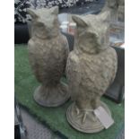 GARDEN OWLS, a pair, Cotswold Stone style, weathered finish, authentic modelling, on round bases,