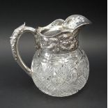 WATER JUG, Victorian, silver mounted/cut glass, London 1892, 17cm H.