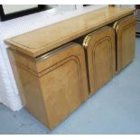 MASTER CRAFT SIDE CABINET, 1970's, maple, having three curved doors with inlaid metal detail,