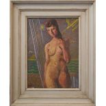 REGINALD TOMLINSON (British, 1885-1978) 'Deco Nude' oil on board, 40cm x 29cm framed.