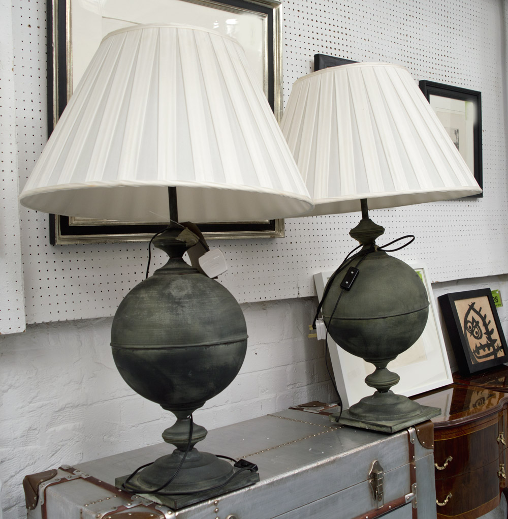 COLEFAX & FOWLER TABLE LAMPS, a pair, in a charcoal finish with pleated ivory shades, 100cm H.