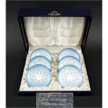 DANISH SILVER COASTER DISHES, set of six, with enamelled white star on turquoise grounds,