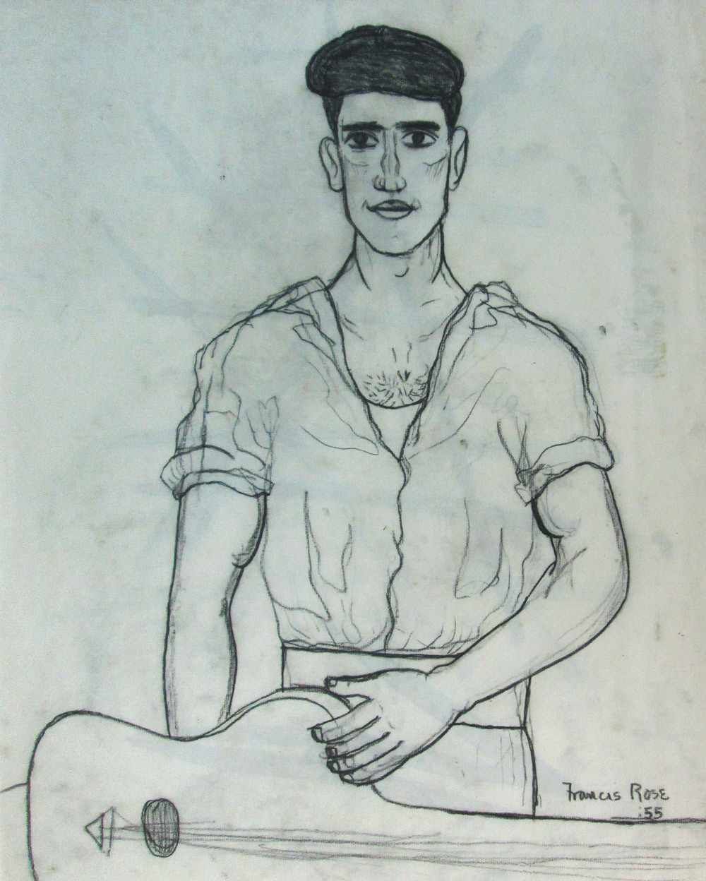 FRANCIS ROSE, 'Man with Guitar', charcoal on paper, 49cm x 43.