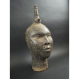 QUEENS HEAD SCULPTURE, Benin style, patinated bronze, 56cm H.