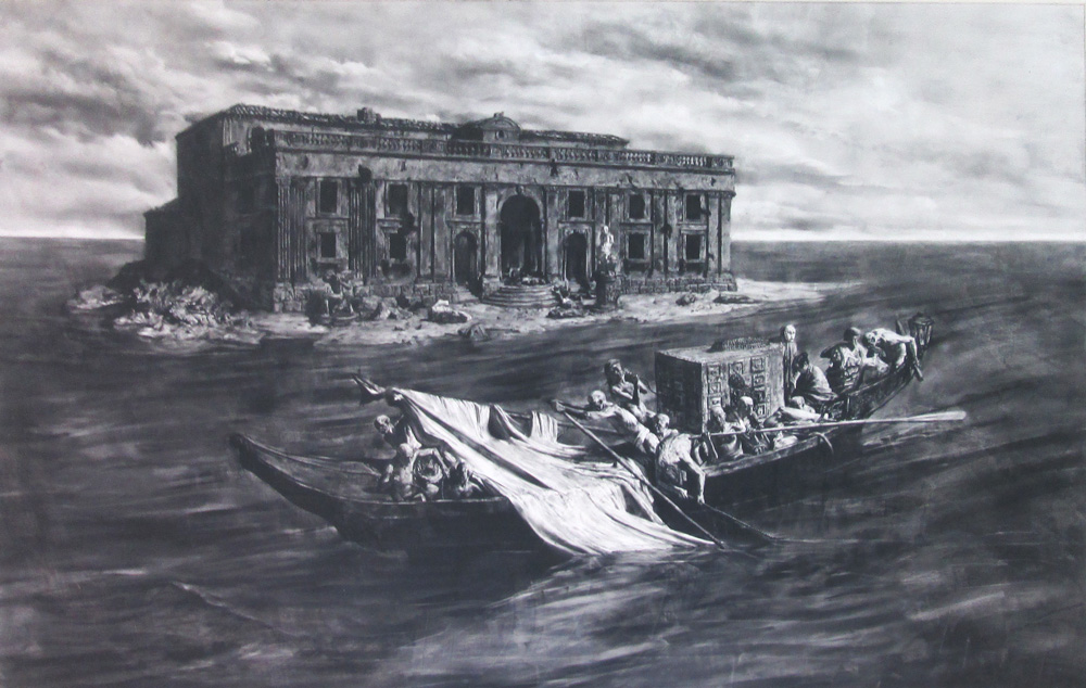 SAM KAPRIELOV (b. 1971), 'Barque', charcoal on gesso, 67cm x 111cm.