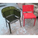 LUCITE CHAIRS, a pair, in bottle green, 62cm W, together with a pair of red Kartell chairs, 49cm W.