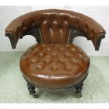 LIBRARY CHAIR, Victorian oak in buttoned brown leather, 82cm W.