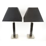 TABLE LAMPS, a pair, brushed nickel and dark wood, purchased from Harrods, Original price £700,