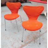 ARNE JACOBSEN DESIGN ANT CHAIRS, eight, with rust coloured upholstery by Fritz Hansen (with faults).