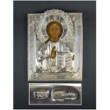 RUSSIAN ICON, study of Christ Pantocrator 84 standard hallmarked silver oklad and halo,