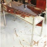 CONSOLE TABLE, with a rectangular bevelled glass top and sides, two short drawers below,