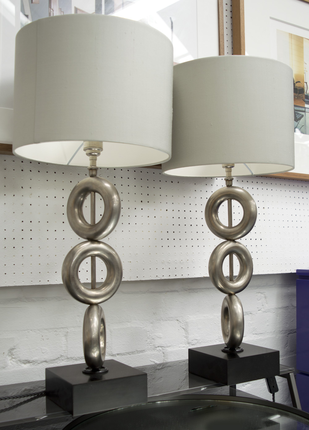 PORTA ROMANA TABLE LAMPS, a pair, metal on bases with grey shades, each 69cm including shades.