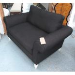 SOFA, two seater, in black fabric on turned supports, 149cm L.