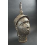 KINGS HEAD SCULPTURE, Benin style, patinated bronze, 60cm H.