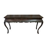 CONSOLE TABLE, Quing dynasty red lacquer with floral detail and a shaped apron on cabriole supports,