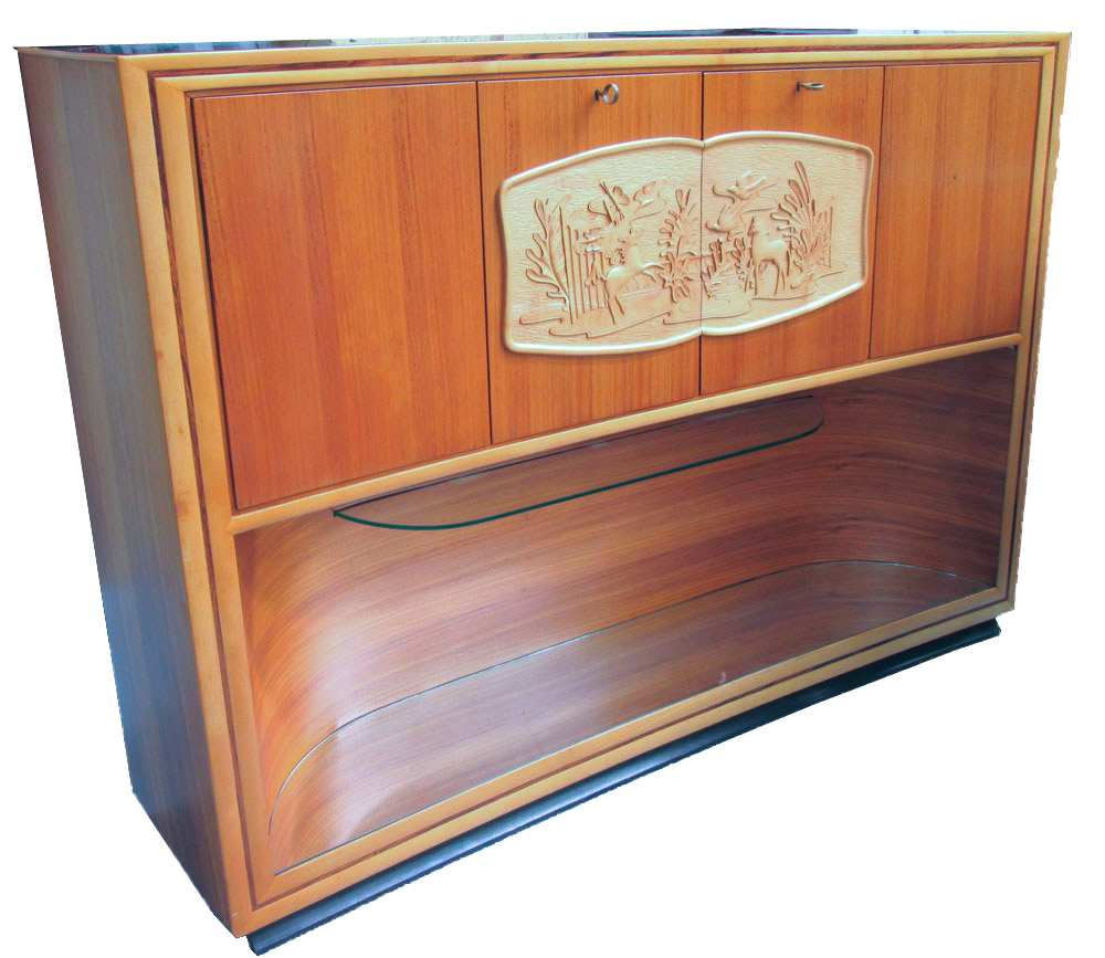 'DASSI' 1950'S ITALIAN COCKTAIL CABINET, with carved limewood panel and black glass top,