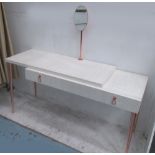 DRESSING TABLE the cream wooden top on slender copper coloured supports, 151cm L X 47cm D.