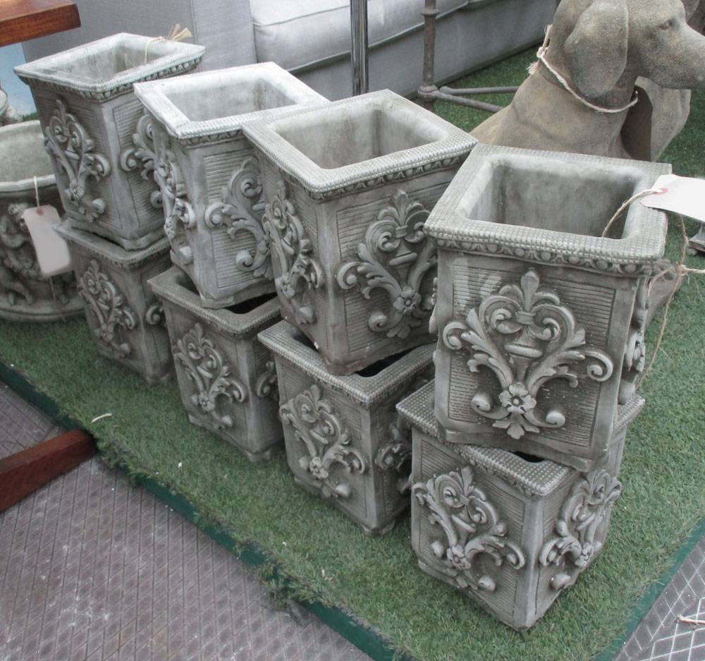 PLANTERS, set of eight, in reconstituted stone of square form, 23cm x 23cm x 29cm.