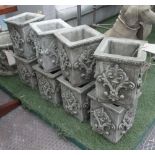 PLANTERS, set of eight, in reconstituted stone of square form, 23cm x 23cm x 29cm.