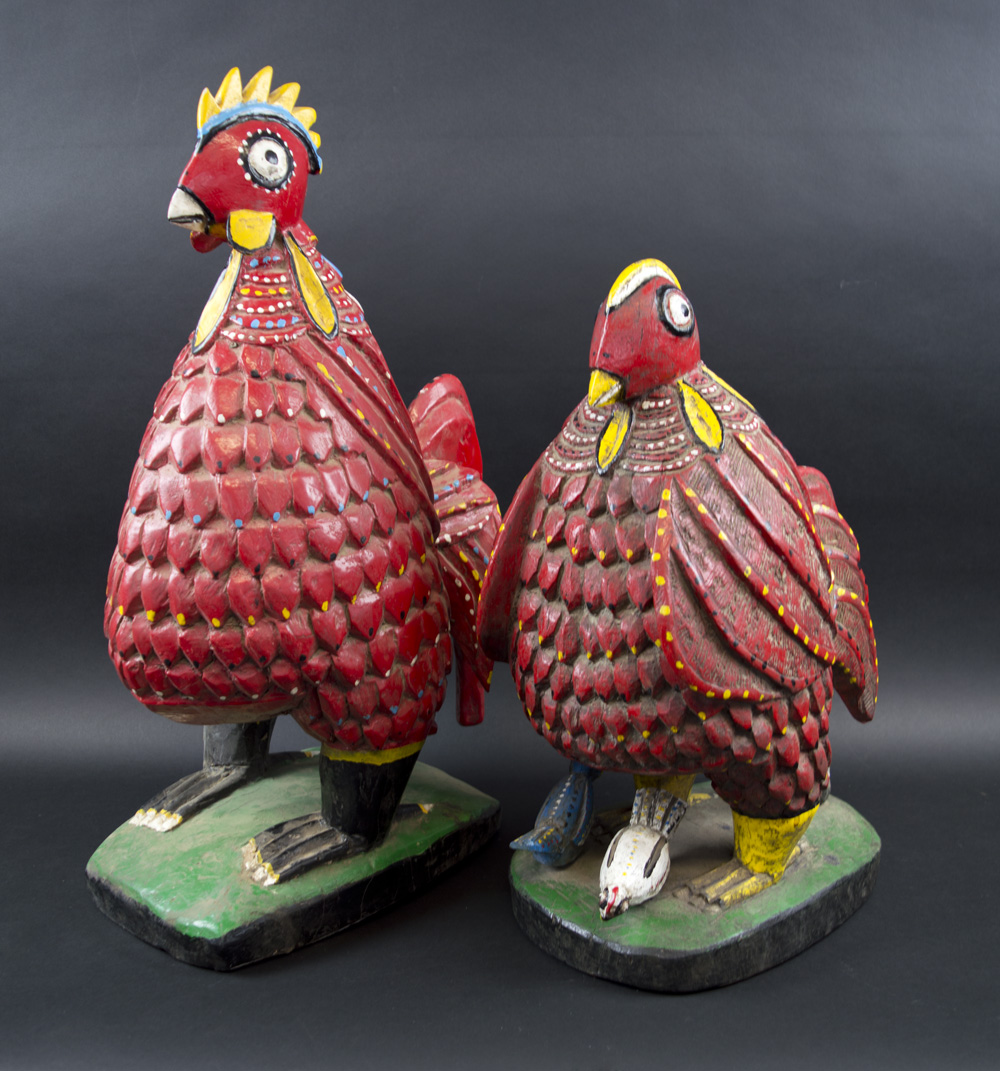 FAT CHICKENS, cock and hen, West African painted and carved wood, 59cm H and 47cm H.
