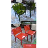 LUCITE CHAIRS, a pair, in bottle green, 62cm W, together with a pair of red Kartell chairs, 49cm W.