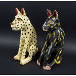 SEATED WILD CATS, two similar, carved wood and colourfully painted, from Mali, each 40cm H.