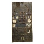 BAMANA DOOR, carved figures and traditional symbols, painted detail, approx. 142cm H x 70cm W.