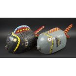 FISH MARIONETTE HEADRESSES, two similar, Bamana people, carved wood and colourfully painted,
