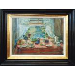 EDWIN LA DELL (British, 1914-1970) 'Laid for Breakfast' oil on canvas, 39cm x 55cm framed.